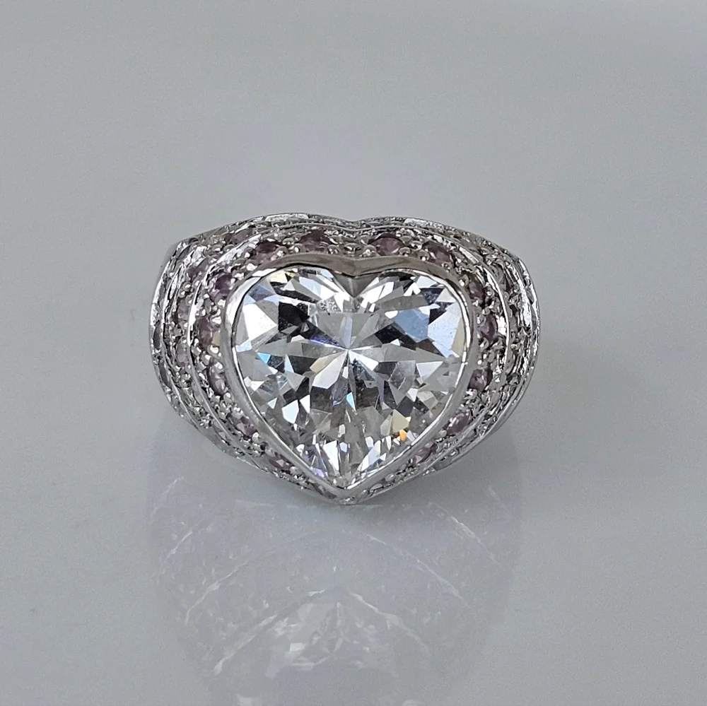 Perfect Heart Shaped Diamond & Pink Sapphire Simulant Ring Sterling Silver Sz 6! - Picture 2 of 6